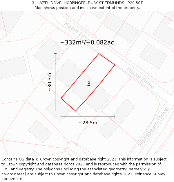 3, HAZEL DRIVE, HORRINGER, BURY ST EDMUNDS, IP29 5ST: Plot and title map