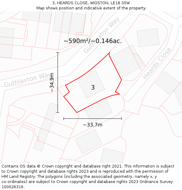 3, HEARDS CLOSE, WIGSTON, LE18 3SW: Plot and title map