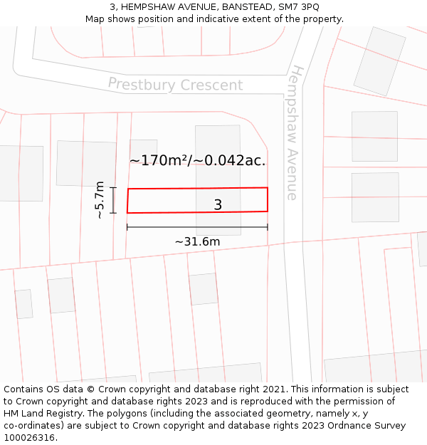 3, HEMPSHAW AVENUE, BANSTEAD, SM7 3PQ: Plot and title map