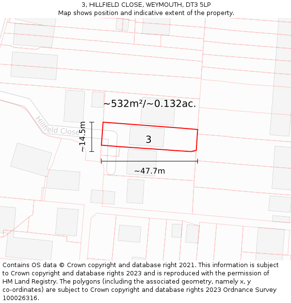 3, HILLFIELD CLOSE, WEYMOUTH, DT3 5LP: Plot and title map