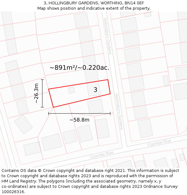 3, HOLLINGBURY GARDENS, WORTHING, BN14 0EF: Plot and title map