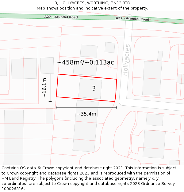 3, HOLLYACRES, WORTHING, BN13 3TD: Plot and title map