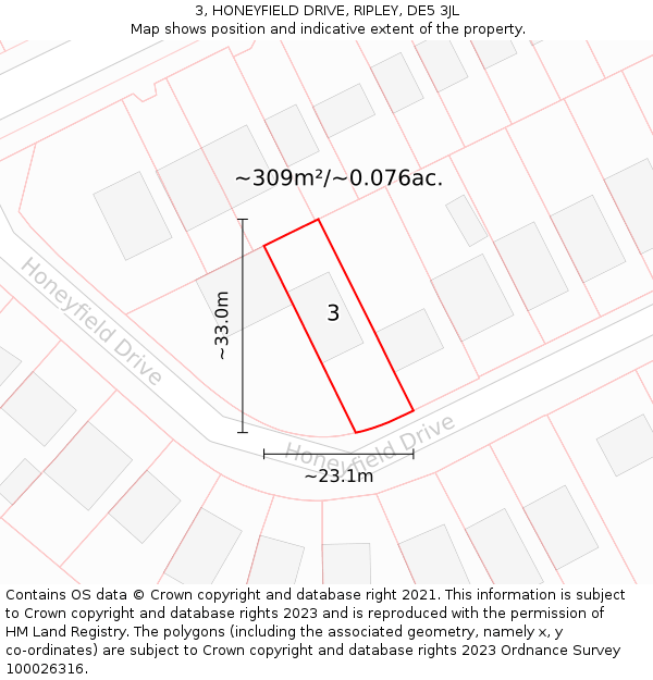 3, HONEYFIELD DRIVE, RIPLEY, DE5 3JL: Plot and title map