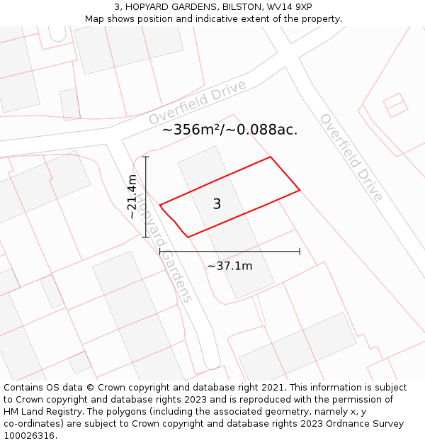 3, HOPYARD GARDENS, BILSTON, WV14 9XP: Plot and title map