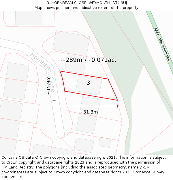 3, HORNBEAM CLOSE, WEYMOUTH, DT4 9UJ: Plot and title map