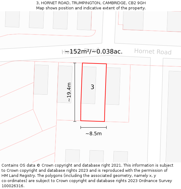 3, HORNET ROAD, TRUMPINGTON, CAMBRIDGE, CB2 9GH: Plot and title map