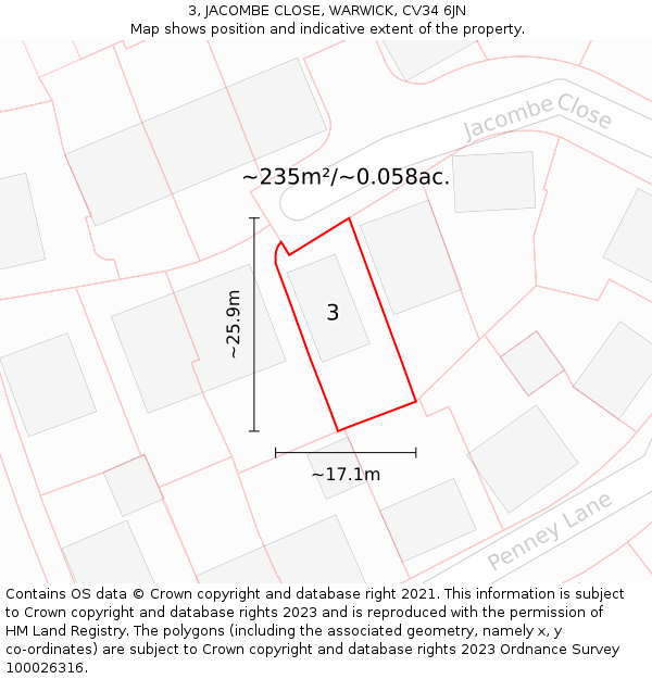 3, JACOMBE CLOSE, WARWICK, CV34 6JN: Plot and title map