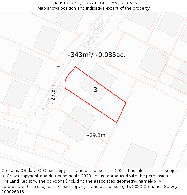 3, KENT CLOSE, DIGGLE, OLDHAM, OL3 5PN: Plot and title map