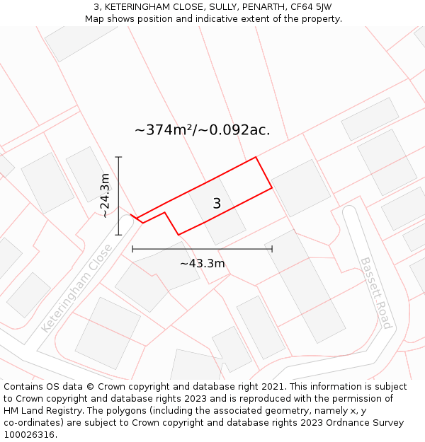 3, KETERINGHAM CLOSE, SULLY, PENARTH, CF64 5JW: Plot and title map