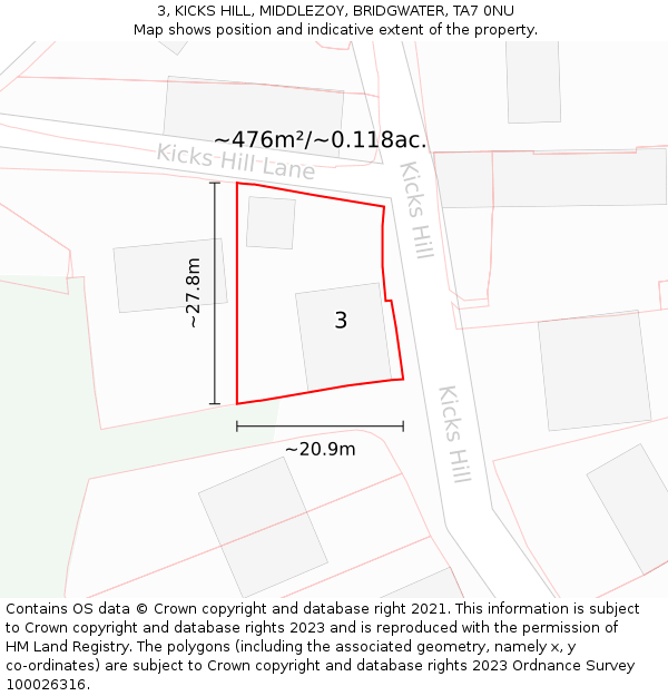 3, KICKS HILL, MIDDLEZOY, BRIDGWATER, TA7 0NU: Plot and title map