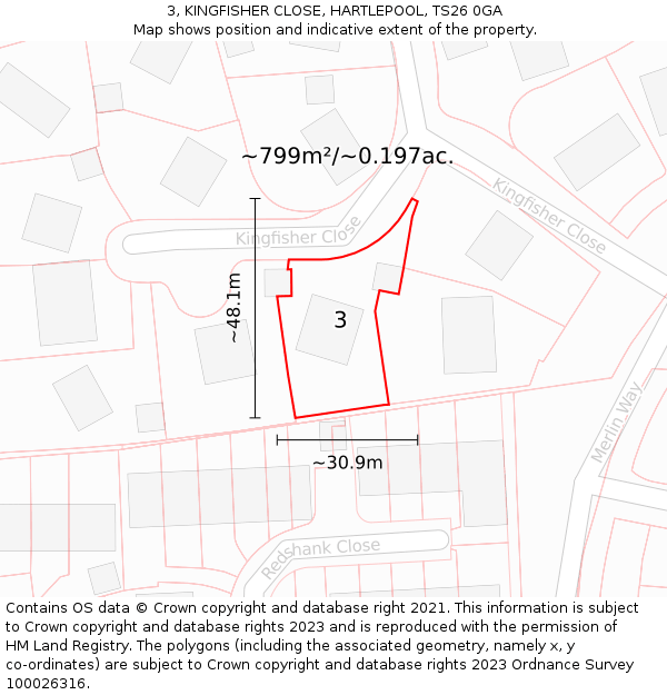 3, KINGFISHER CLOSE, HARTLEPOOL, TS26 0GA: Plot and title map