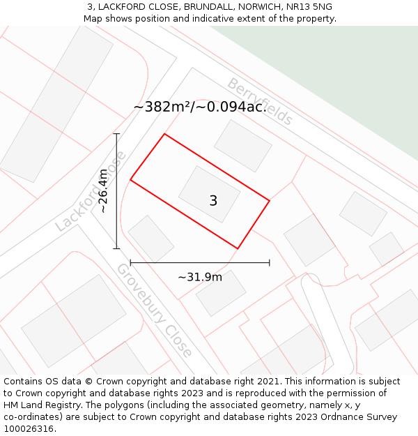 3, LACKFORD CLOSE, BRUNDALL, NORWICH, NR13 5NG: Plot and title map