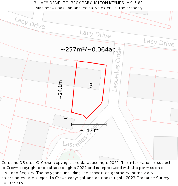 3, LACY DRIVE, BOLBECK PARK, MILTON KEYNES, MK15 8PL: Plot and title map