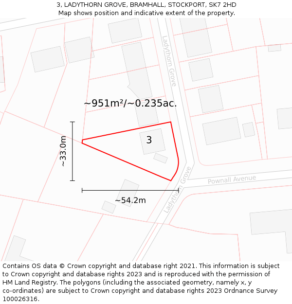 3, LADYTHORN GROVE, BRAMHALL, STOCKPORT, SK7 2HD: Plot and title map