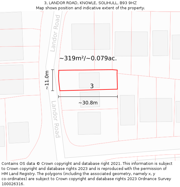 3, LANDOR ROAD, KNOWLE, SOLIHULL, B93 9HZ: Plot and title map