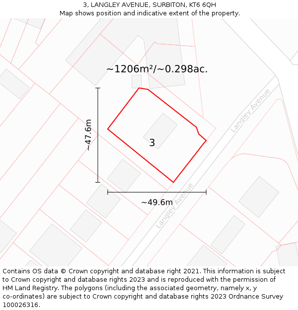 3, LANGLEY AVENUE, SURBITON, KT6 6QH: Plot and title map