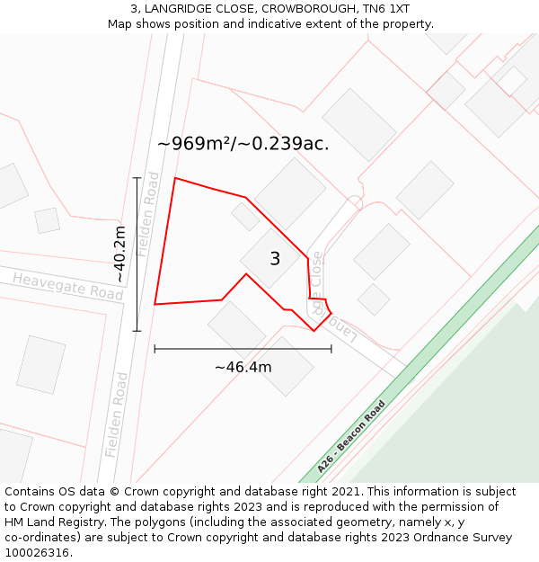 3, LANGRIDGE CLOSE, CROWBOROUGH, TN6 1XT: Plot and title map