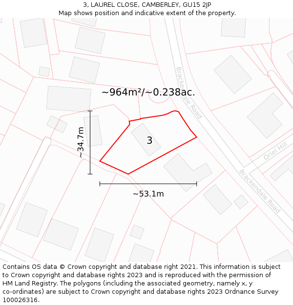 3, LAUREL CLOSE, CAMBERLEY, GU15 2JP: Plot and title map