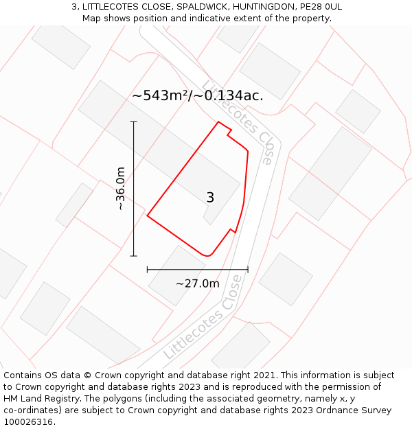 3, LITTLECOTES CLOSE, SPALDWICK, HUNTINGDON, PE28 0UL: Plot and title map