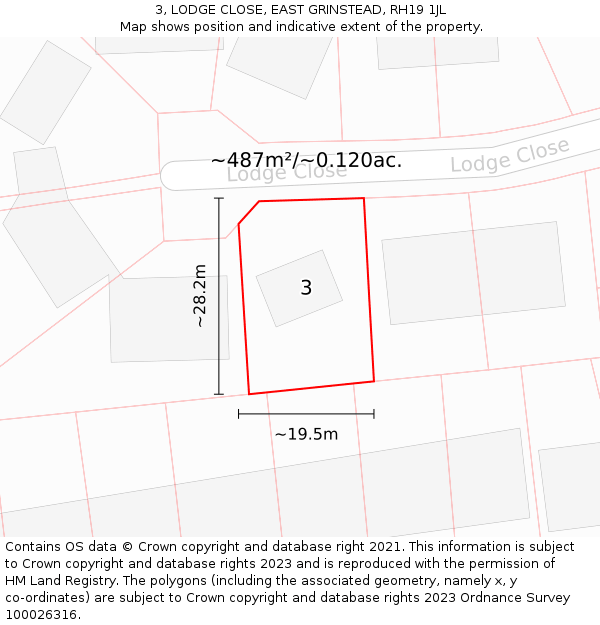 3, LODGE CLOSE, EAST GRINSTEAD, RH19 1JL: Plot and title map