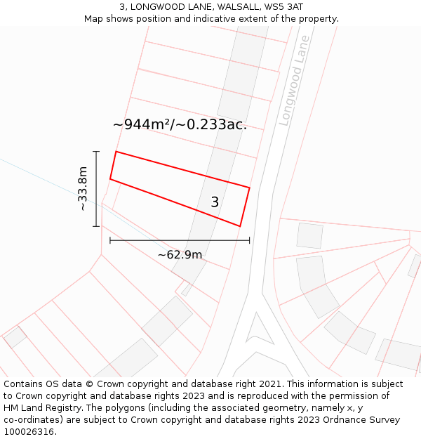 3, LONGWOOD LANE, WALSALL, WS5 3AT: Plot and title map