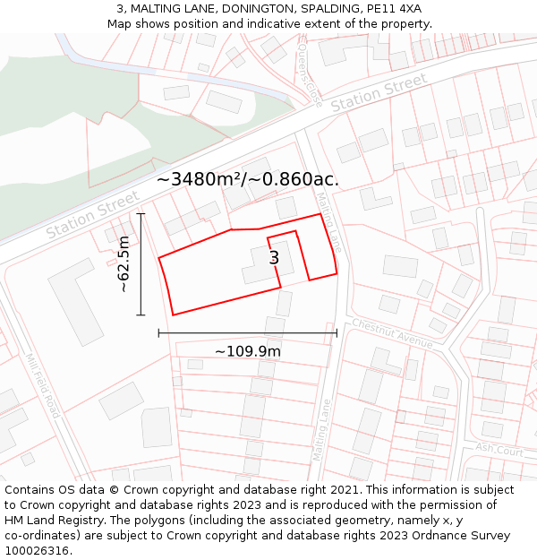 3, MALTING LANE, DONINGTON, SPALDING, PE11 4XA: Plot and title map