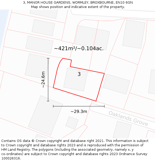 3, MANOR HOUSE GARDENS, WORMLEY, BROXBOURNE, EN10 6GN: Plot and title map