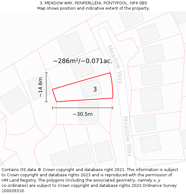 3, MEADOW WAY, PENPERLLENI, PONTYPOOL, NP4 0BS: Plot and title map