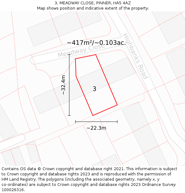 3, MEADWAY CLOSE, PINNER, HA5 4AZ: Plot and title map