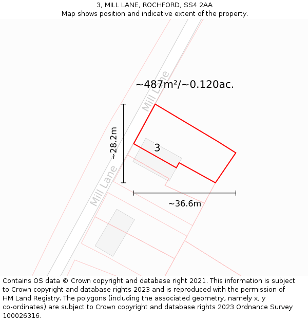 3, MILL LANE, ROCHFORD, SS4 2AA: Plot and title map