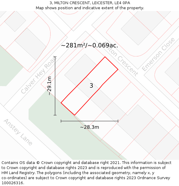 3, MILTON CRESCENT, LEICESTER, LE4 0PA: Plot and title map