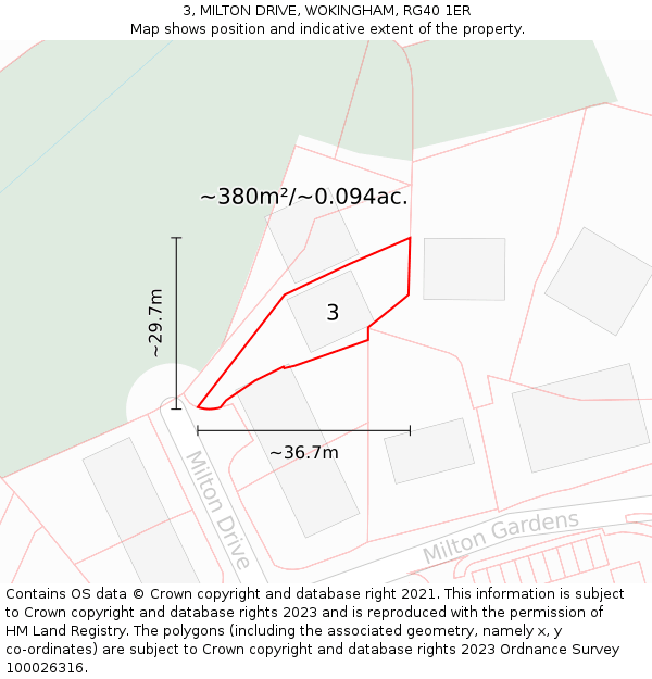 3, MILTON DRIVE, WOKINGHAM, RG40 1ER: Plot and title map