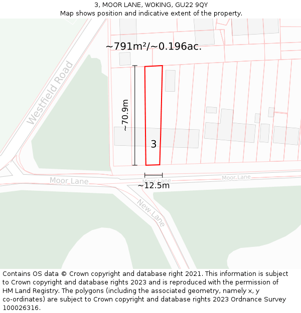 3, MOOR LANE, WOKING, GU22 9QY: Plot and title map