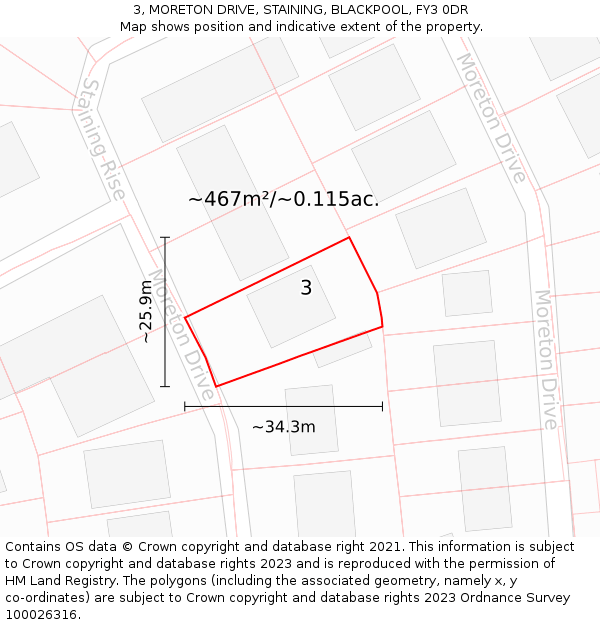 3, MORETON DRIVE, STAINING, BLACKPOOL, FY3 0DR: Plot and title map