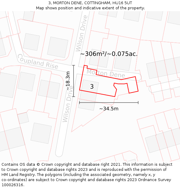 3, MORTON DENE, COTTINGHAM, HU16 5UT: Plot and title map