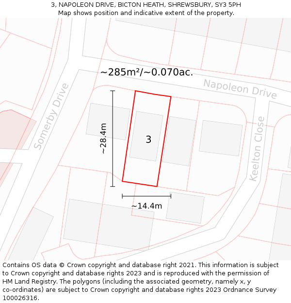 3, NAPOLEON DRIVE, BICTON HEATH, SHREWSBURY, SY3 5PH: Plot and title map