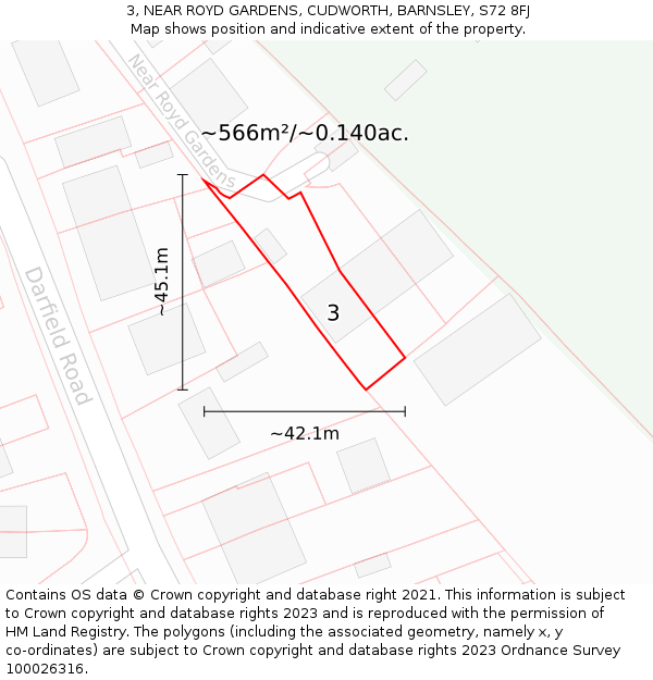 3, NEAR ROYD GARDENS, CUDWORTH, BARNSLEY, S72 8FJ: Plot and title map