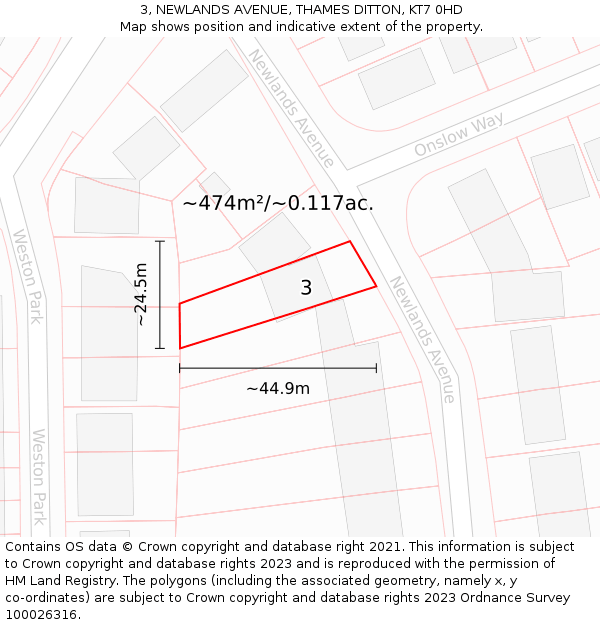 3, NEWLANDS AVENUE, THAMES DITTON, KT7 0HD: Plot and title map