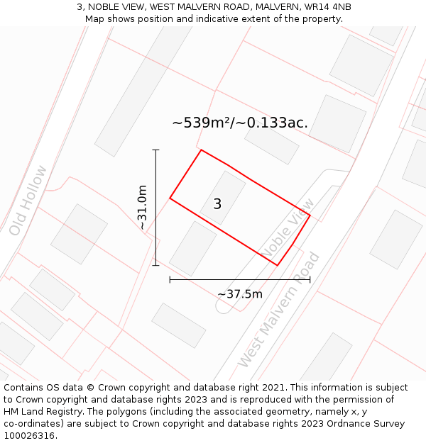 3, NOBLE VIEW, WEST MALVERN ROAD, MALVERN, WR14 4NB: Plot and title map