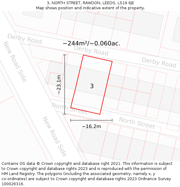 3, NORTH STREET, RAWDON, LEEDS, LS19 6JE: Plot and title map