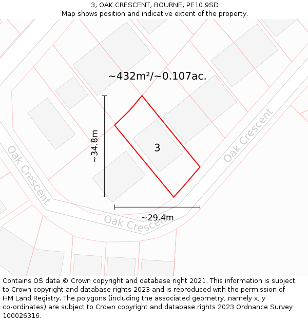 3, OAK CRESCENT, BOURNE, PE10 9SD: Plot and title map