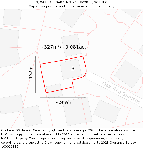 3, OAK TREE GARDENS, KNEBWORTH, SG3 6EQ: Plot and title map