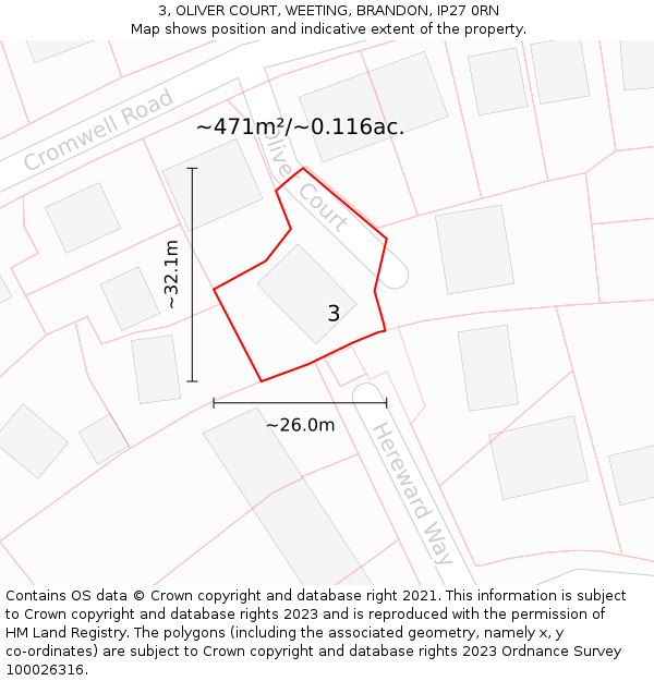 3, OLIVER COURT, WEETING, BRANDON, IP27 0RN: Plot and title map