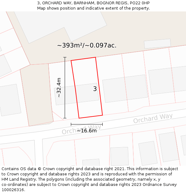 3, ORCHARD WAY, BARNHAM, BOGNOR REGIS, PO22 0HP: Plot and title map