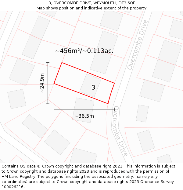 3, OVERCOMBE DRIVE, WEYMOUTH, DT3 6QE: Plot and title map