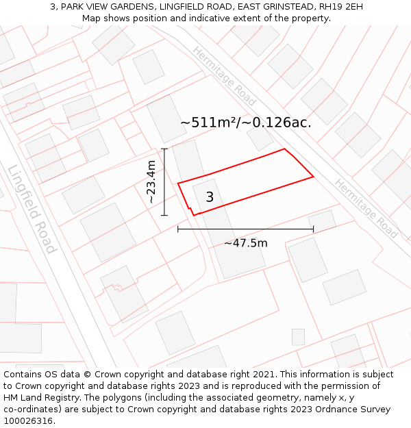 3, PARK VIEW GARDENS, LINGFIELD ROAD, EAST GRINSTEAD, RH19 2EH: Plot and title map