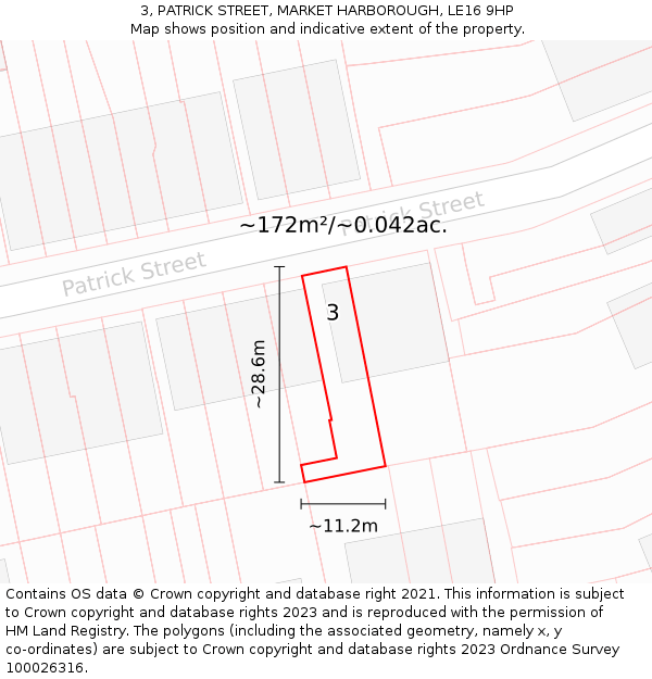 3, PATRICK STREET, MARKET HARBOROUGH, LE16 9HP: Plot and title map