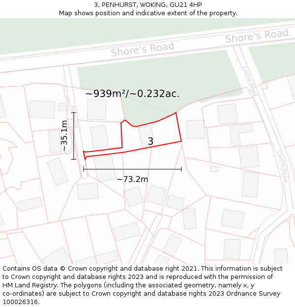 3, PENHURST, WOKING, GU21 4HP: Plot and title map