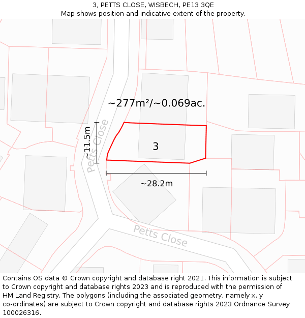 3, PETTS CLOSE, WISBECH, PE13 3QE: Plot and title map