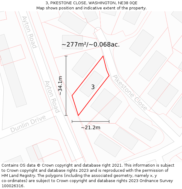 3, PIKESTONE CLOSE, WASHINGTON, NE38 0QE: Plot and title map